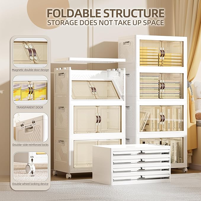 200 QT / 50 Gal Rolling Foldable Storage Cabinet with Stackable Feature - Double Magnetic Doors, Leather Handles, Durable Plastic for Closet/Office, Easy Assembly & Move