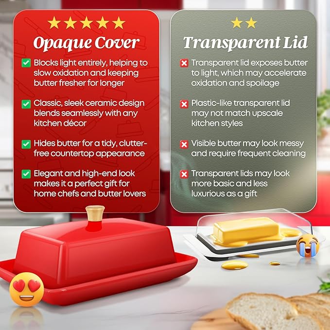 Flexzion Ceramic Red European Butter Dish with Lid for Countertop (7 Inch) - Wide 2 Stick Double Butter Holder for Counter, Cream Cheese Container Storage Keeper