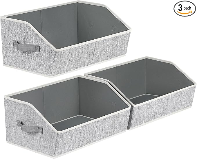 Trapezoid Closet Shelf Organizer - Large Baskets for Organizing, Fabric Storage Box for Shelves, Cube Storage Bins for Clothes, Books, Blankets, 3 Pack, Light Gray