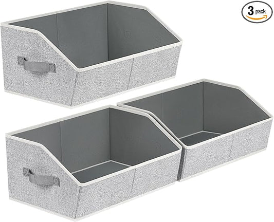 Trapezoid Closet Shelf Organizer - Large Baskets for Organizing, Fabric Storage Box for Shelves, Cube Storage Bins for Clothes, Books, Blankets, 3 Pack, Light Gray