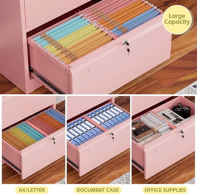 2 Drawer Lateral File Cabinet, Metal Wide Filing Cabinet with Independent Locks, Home Office Furniture for Hanging Files Letter/Legal/F4/A4 Size, Assembly Required, Pink