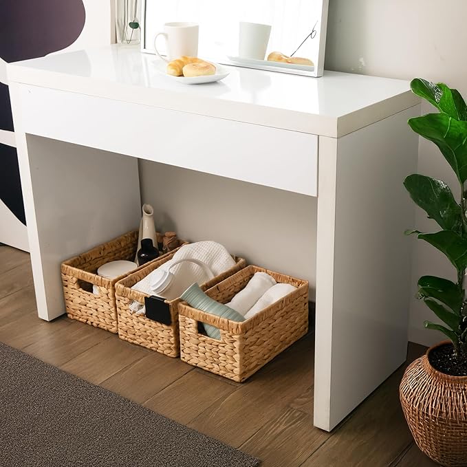 KOKODO Pack 3 Medium Wicker Storage Baskets with Chalkboard, Stylish and Durable Water Hyacinth Rectangle Handwoven Basket Bin with Metal Frame & Handle for Room Organizing