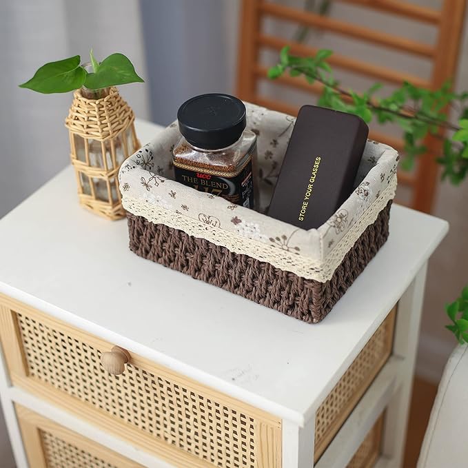 Storage Baskets Set of 3,Decorative Paper Rope Woven storage Baskets with Liner,Rectangular Storage Bins Container for Makeup Bedroom Shelves Organizing,Home Deco, Brown