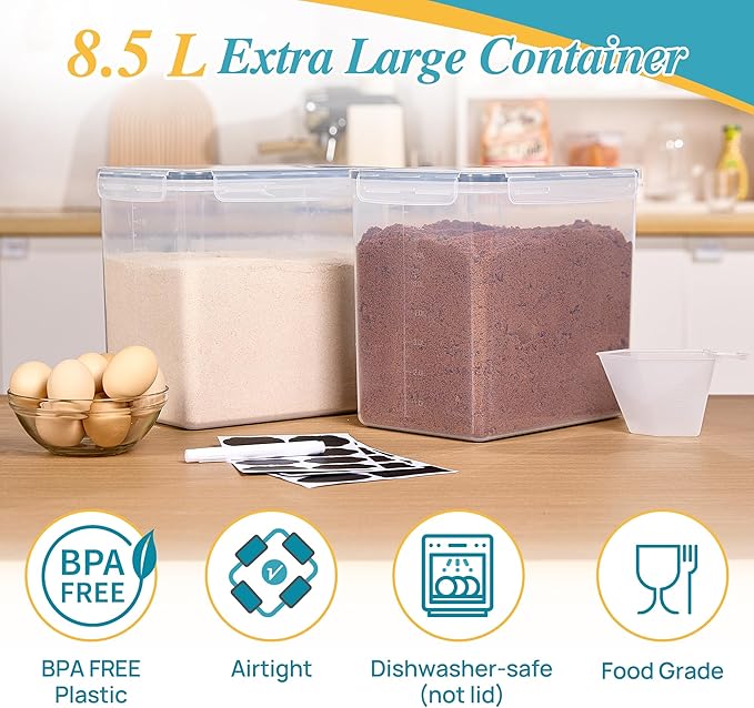 Vtopmart 8.5L 2 Pack Extra Large Flour Sugar Storage Containers for 20lbs flour, Airtight Kitchen Pantry Organization Canisters with Lids for Bulk food, Rice, Baking Supplies, BPA Free, Black