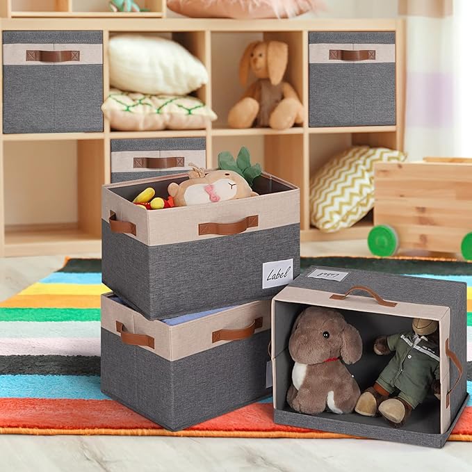 GhvyenntteS Fabric Storage Bins with Lids 3 Pack, Large Fabric Storage Baskets with Lid and Handles, Foldable Closet Organizers and Storage boxes with Label Window for Home (Beige, 15" x 11" x 9.7")