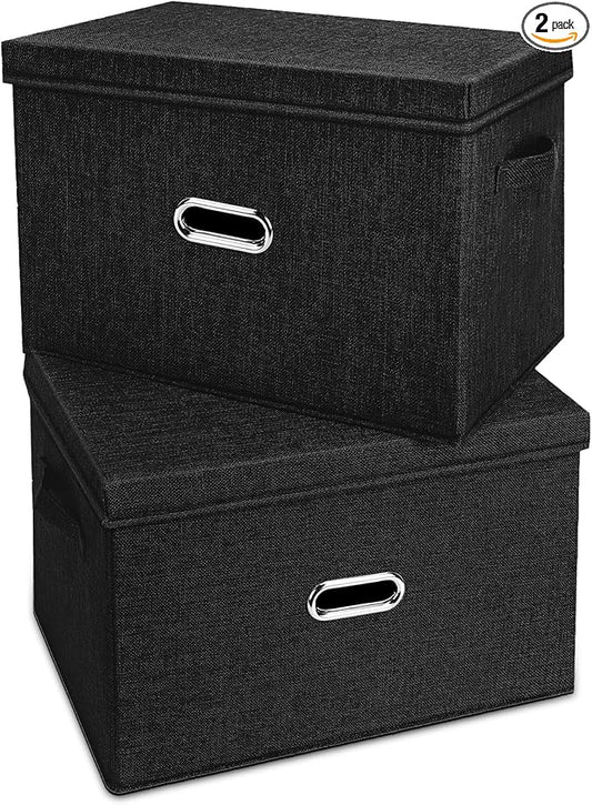Large Linen Fabric Foldable Storage Bins with Removable Lid and Handles, Washable Storage Box Organizer Containers Baskets Cube with Cover for Bedroom,Office(Black, Extra Large(2-Pack))