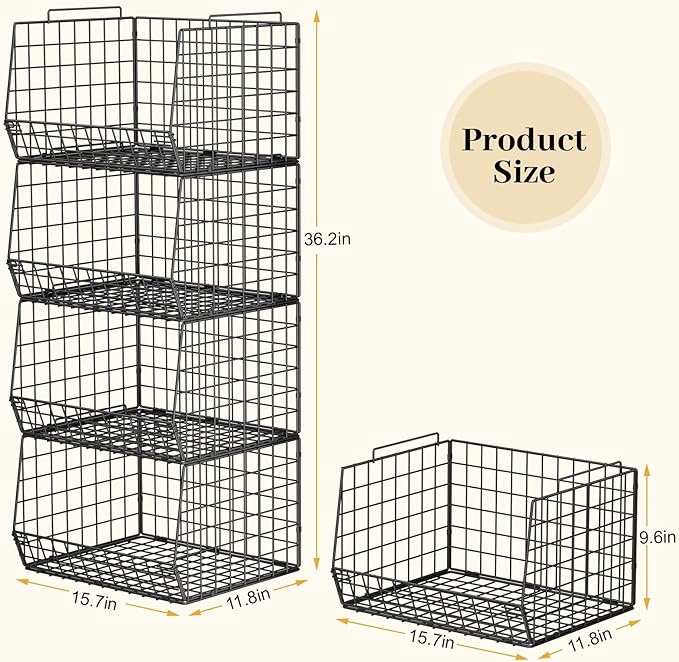 4-Tier Stackable Closet Organizers and Storage Shelves, Foldable Closet Shelf Organizer System, Space-Saving Clothes Storage Drawer Organizer Basket Bins, Black