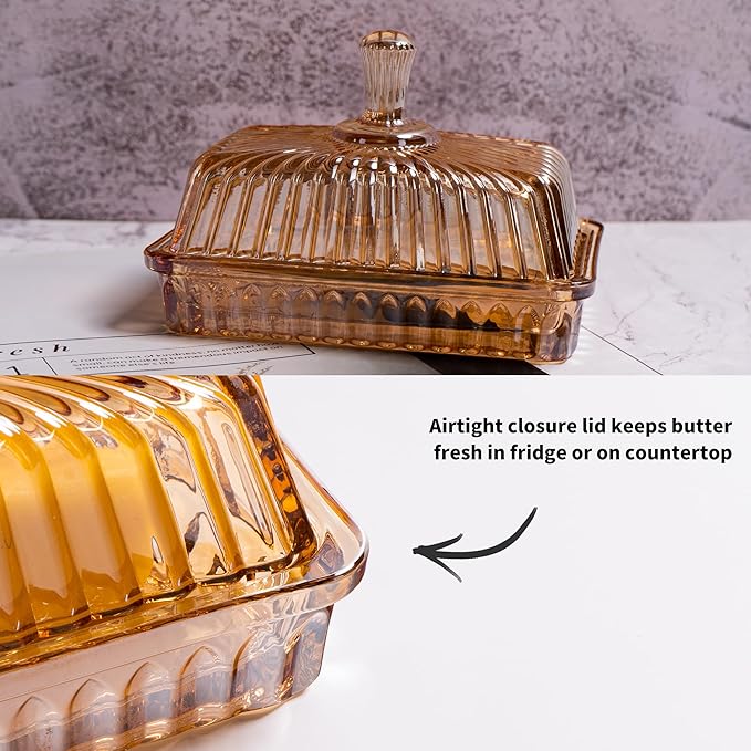 Glass Butter Dish with Lid for Countertop, Champagne Color Striped Crystal Covered Butter Holder Tray Container