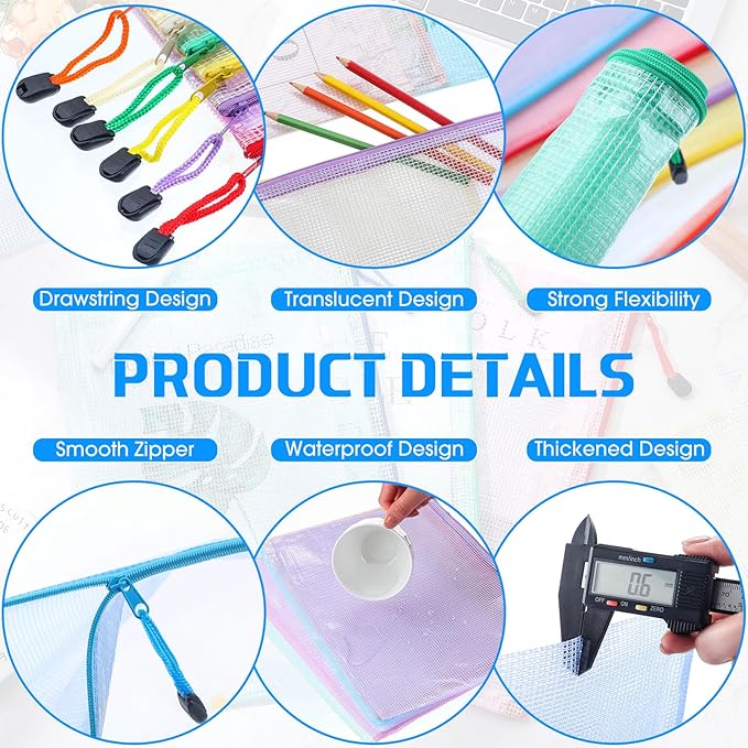 200 Pcs A4 Mesh Zipper Pouch Bulk Waterproof Mesh Zipper Organizer Plastic File Folder Case for School Office Supplies Document Board Games Puzzle(Colorful)