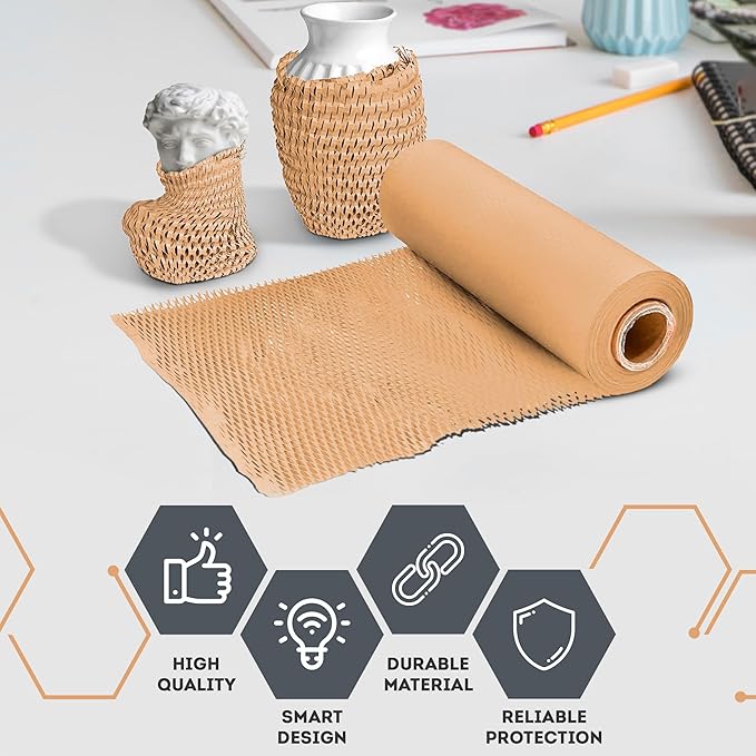 Brown Honeycomb Packing Paper for Moving Breakables, 15 Inch x 100 Feet. Fragile Shipping Supplies. Perforated Packing Materials for Fragile Items. Moving Paper Wrap. Eco Friendly Packaging