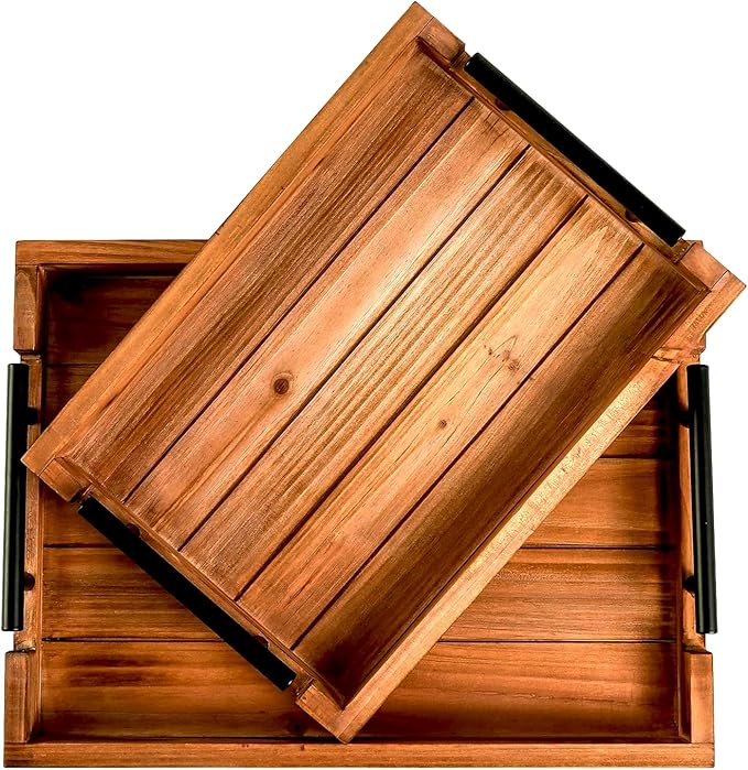 Coffee Table Tray Decorative Nested Vintage Wood Serving Tray Set for Eating, Breakfast, Party, Kitchen, Ottoman,Tea Coffee Table Large Ottoman Trays (Wood, 2pc)