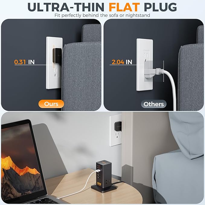 USB Charging Station for Multiple Devices PD 65W, TESSAN 9-in-1 USB C Charger Block for iPhone 17/16/15, MacBook, Tablet, Type C Desktop Charger with 3 AC, Home Travel Office Accessories