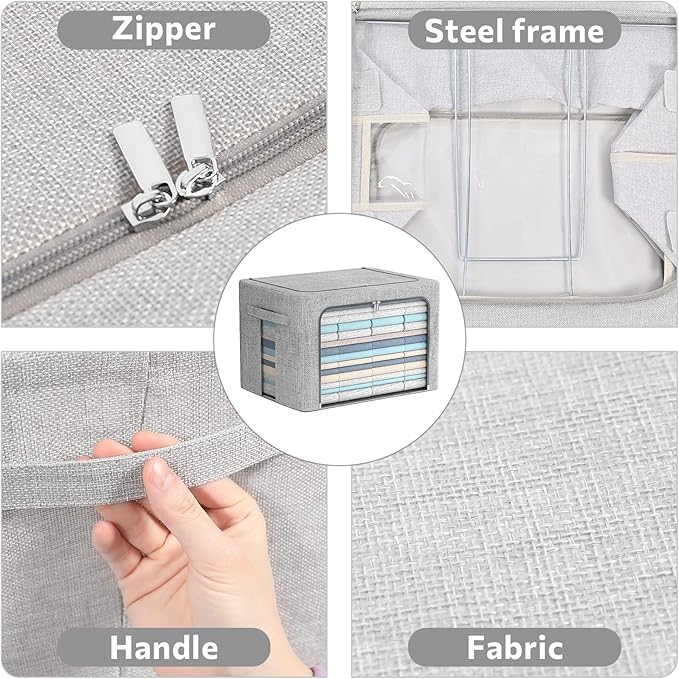 FHSQX 2 Pack Clear Window Storage Bins - Large Stackable Linen Fabric Storage for Clothes Foldable Container Organizer Set with Carrying Handles (Light Gray, 15.7x 11.8x 11.7 Inch)