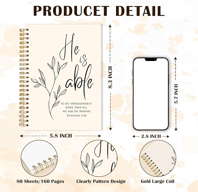 Qabliqo Christian Spiral Notebooks, Ephesians 3:20 Bible Journals for Writing, Religious Christian Journal for Women Men, He Is Able Bible Scripture Notebook for Note Taking, 5.5x8.3 Inch