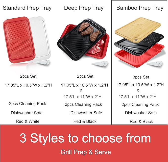 KAQAHIDO Grilling Bamboo Prep and Serve Trays, BBQ Platter for Raw Meat Marinating and Finished Cooked Food, Melamine Serving Tray, Set of 2, Cleaning Pack Included