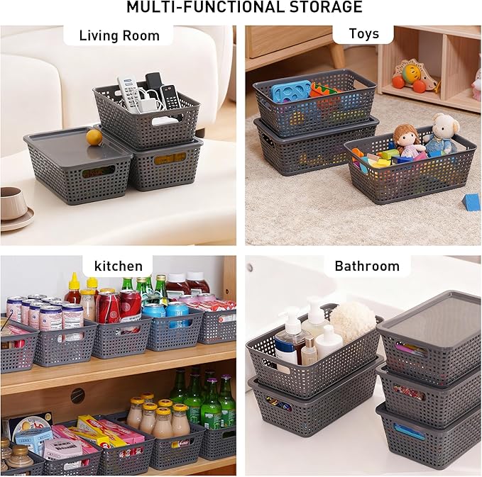 Plastic Storage Baskets With Lid, Storage Bins for Organizing, Stackable Decorative Containers for Shelves Drawers Desktop Closet Playroom Classroom Office, 8 Pack-Grey