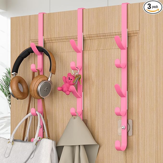 Over The Door Hooks, Metal Door Hooks for Hanging, Over The Door Purse Organizer for Coat Hanger, Back of Shower Door for Hanging Towel Rack Clothes, Hat, Bathroom, Closet (Pink-3Packs)