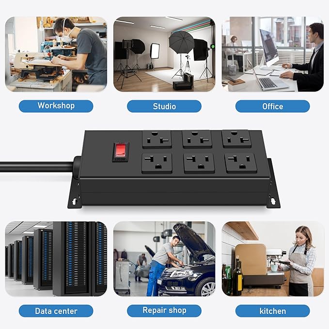 JUNNUJ 20 Amp Power Strip Heavy Duty 2 Pack, Garage 6 Outlets Metal 12 Gauge Surge Protector 3000J, High Amp 5-15P Adapter Shop 6-20R T-Slot Industrial (6AC 2-Pack, 10FT)