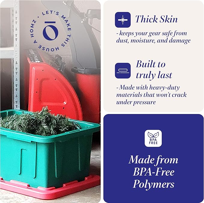 HOMZ 4-Pack Durabilt Tote, Heavy Duty Plastic Storage Bins with Lids, 15 Gallon, Green/Red - Stackable Organizing Containers for Home, Garage, and Office