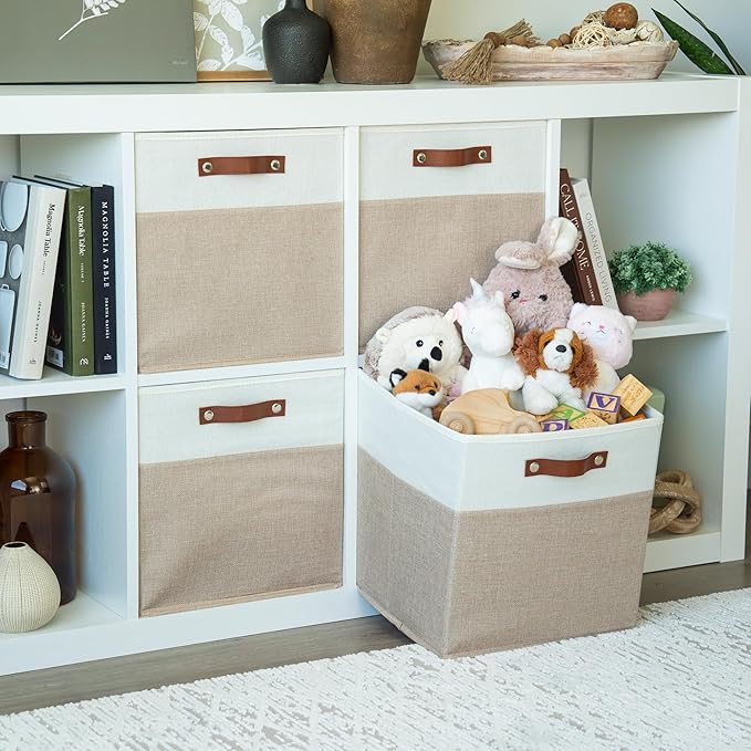 OrganiHaus 13" x 13" x 13" Cube Fabric Storage Bins Set of 4, Fabric Storage Cubes w/ Vegan Handles, 13 inch Collapsible Bins for Clothes & Toy Organizer, 13x13 Basket for Decor - Beige/White