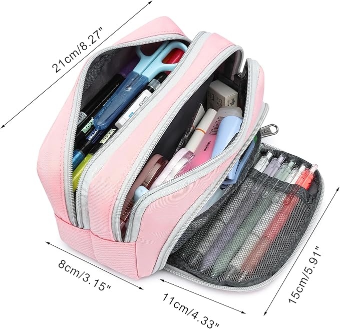 XQXA Pencil Pouch Cute Large Pencil Case Organizer, Multifunctional Big Capacity Pencil Pouch with 3 Compartmens, aesthetic school supplies Pencil Bag for Office Travel Men Women (01-Cherry Pink)