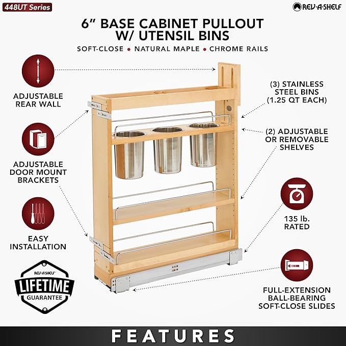 Rev-A-Shelf 5" Pull Out Storage Organizer for Base Kitchen w/ Soft-Close, Sliding Shelves for Utilities, Utensils or Spices, 448UT-BCSC-5C