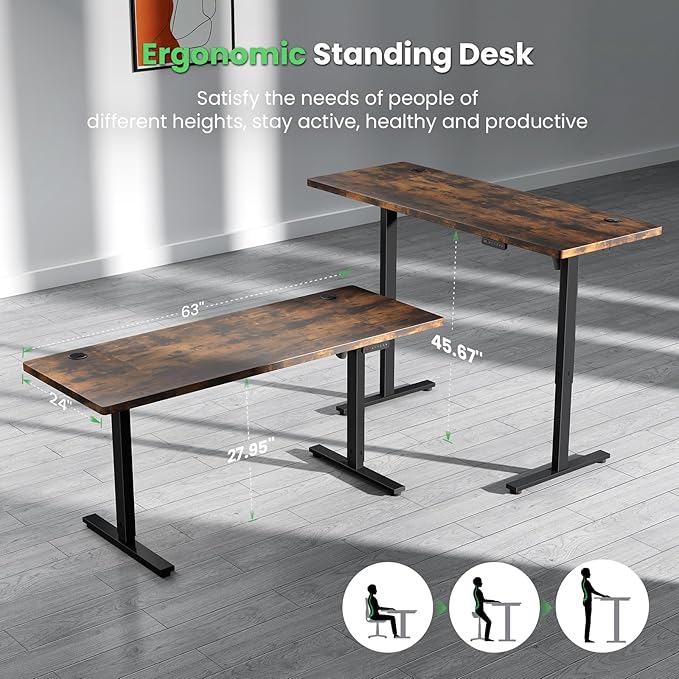 SIAGO Electric Standing Desk Adjustable - 63 x 24 Inch Sit Stand up Desk with Cable Management - 3 Memory Preset Adjustable Height Table