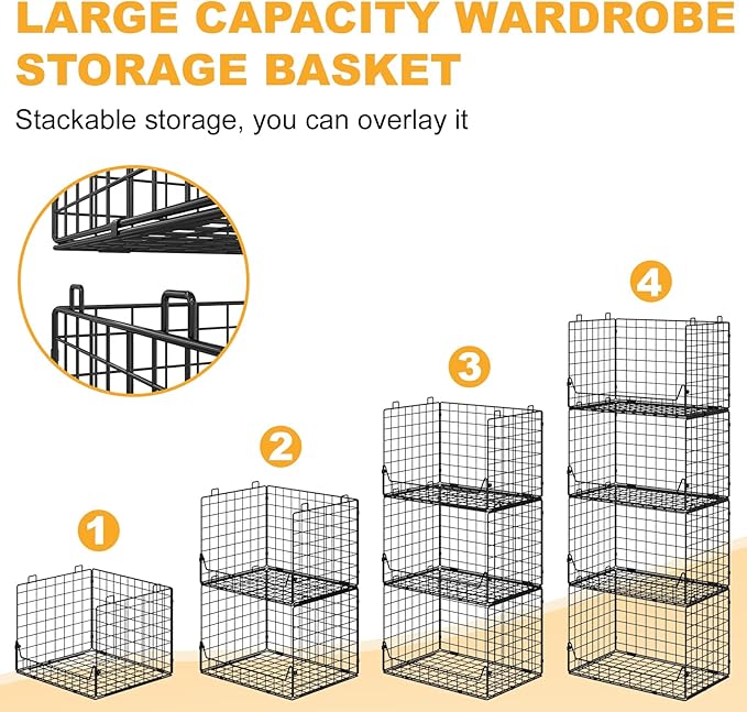 4-Tier Extra Height Stackable Closet Organizer – Foldable Storage Bins for Sweaters, Jeans, and Clothes – Sturdy Iron Mesh Shelves for Neat and Efficient Closet Storage – Black