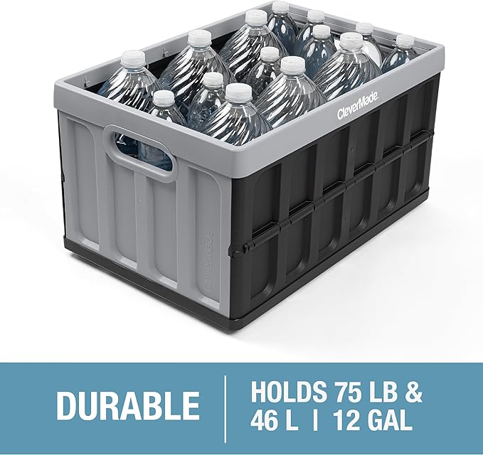CleverMade Collapsible Storage Bins - Stone 1 Pack 46L - Stackable Containers Heavy Duty Capacity Folding Crates - Space-Saving for Home