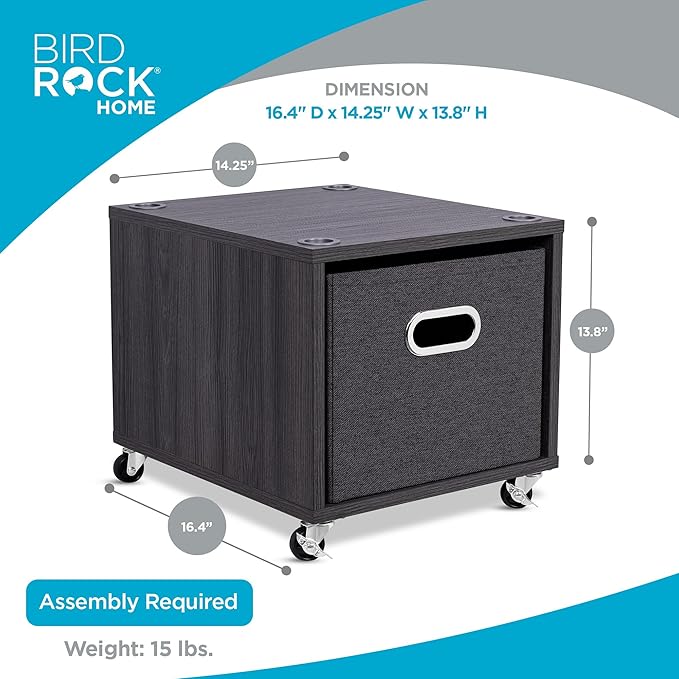 BIRDROCK HOME Rolling File Cabinet – Decorative Storage Shelf w/Removable Bins, Handles, and Wheels – Organize Files, Books, Toys, Under Desk Office Solution, Modern Design - 1 Lateral Drawer, Gray