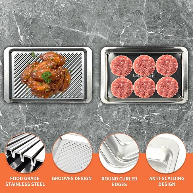 Grilling Prep and Serve Trays, Set of 2 Stackable Stainless Steel BBQ Trays Marinating Tray Serving Platter for Plating Food BBQ Prep Tub for Marinating Meats, Grill Accessories