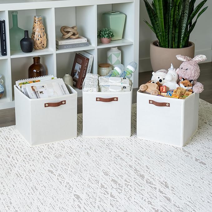 OrganiHaus White 12" x 12" x 12" Fabric Cube Storage Bins - Set of 4, Cube Fabric Organizer Bins with Vegan Handles, Kallax Storage Cubes, Cubbies Organizer Boxes, 12Inch Cubic Baskets for Shelves