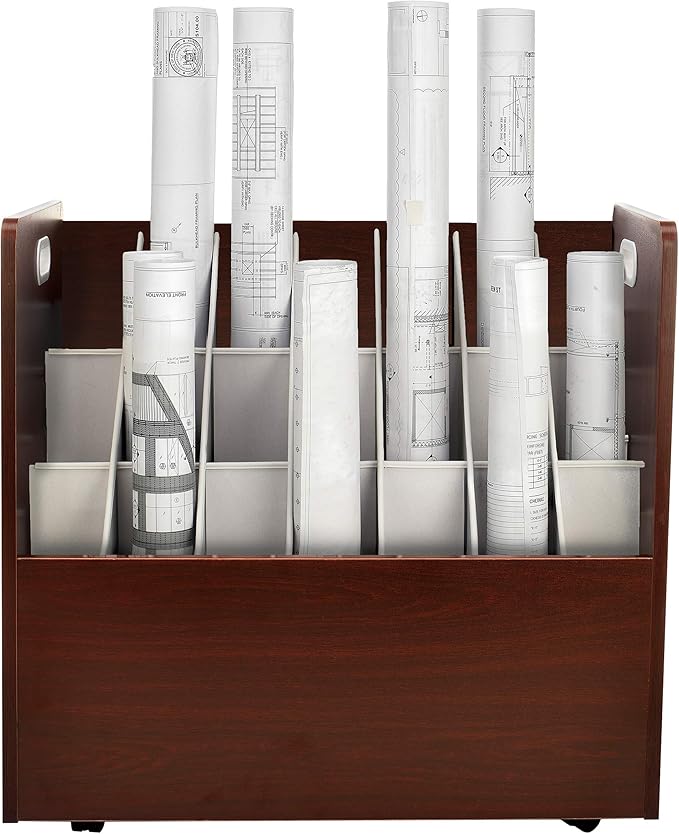 AdirOffice Adir Blue Print Storage Organizer - Mobile Roll File Cart, Construction Plan Holders, Blueprint Cabinet with Wheels, Roll Files Storage for Office and Home (21 Slots, Mahogany)
