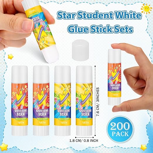 Zubebe 200 Pcs White Glue Stick Bulk Back to School Gifts First Day Sets 0.32 oz Washable Glue Stick for Crafts Home Classroom Prize Party Supplies Scrapbooking Crafting Supplies (Star)