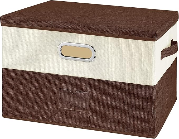 Large Linen Fabric Foldable Storage Bins with Removable Lid and Handles, Washable Storage Box Organizer Containers Baskets Cube with Cover for Bedroom,Closet,Office (Coffee&Cream, Medium)