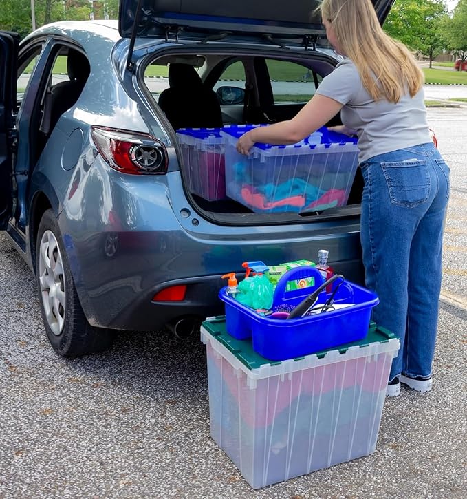 Akro-Mils KeepBox 12 Gallon Storage Container, Nesting and Stackable Plastic Storage Box with Lid Attached, Clear Tote for Garages, Closets, Moving, 21-1/2" x 15" x 12-1/2", Clear/Blue, Pallet of 48