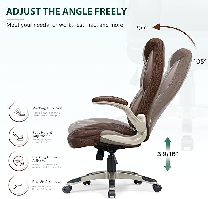 EUREKA ERGONOMIC Executive Office Chair Flip Up Arm Rest, Ergonomic Desk Chair Faux Leather Computer Chair, High Back Office Chair with Headrest, Home Office Desk Chairs with Wheels, Brown