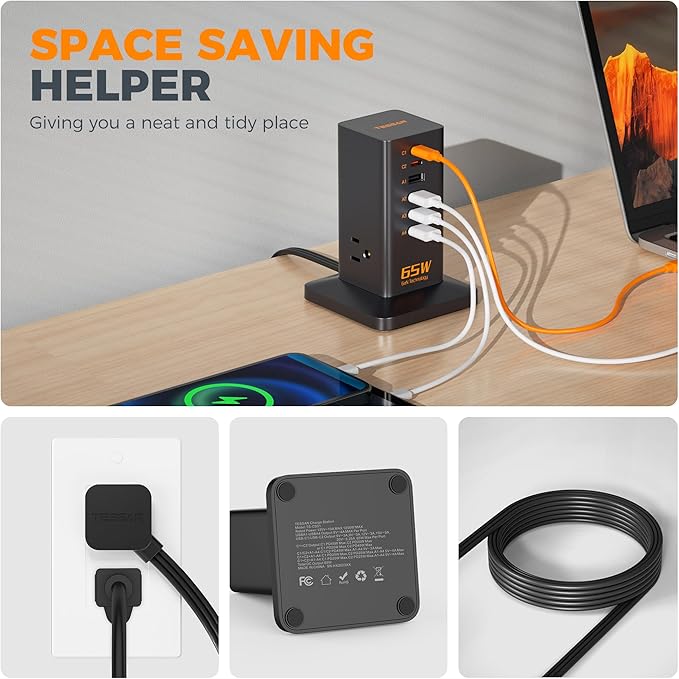 USB Charging Station for Multiple Devices 10Ft Cord, TESSAN 9-in-1 USB C Charger Block PD 65W for iPhone 17/16, MacBook, Tablet, Type C Desktop Charger with 3 AC, Home Travel Office Accessories