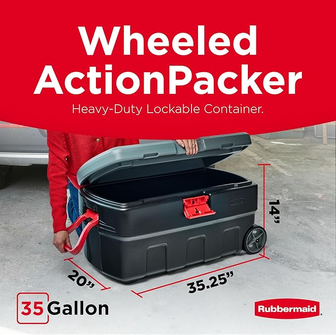 Rubbermaid ActionPacker 35 Gallon, Made in USA, Lockable Plastic Storage Bin with Lid and Wheels- Outdoor, Industrial, Rugged, Camping Gear and Truck Bed Storage - Gray and Black