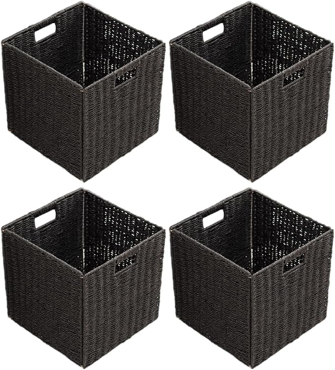 Handwoven Paper Woven Cube Basket Organizer with Handles set of 4 Foldable Storage baskets for Bedroom Living Room Cubby Storage Units for Clothes Books Toys (Black, 13" L x 13" W x 13" H)