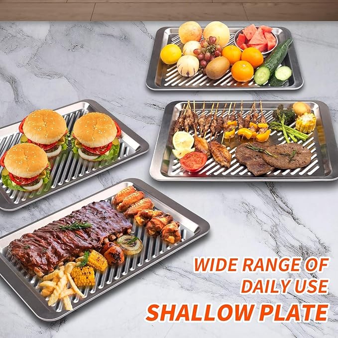 Grilling Prep and Serve Trays, Set of 2 Stackable Stainless Steel BBQ Trays Marinating Tray Serving Platter for Plating Food BBQ Prep Tub for Marinating Meats, Grill Accessories