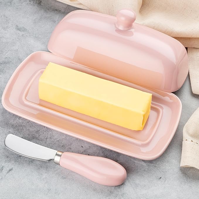 Zulay Butter Dish With Lid For Countertop - Porcelain White, Ceramic Butter Dish with Knob Handle Great for Cooking - Elegant Design Butter Holder - Durable & Sturdy Butter Keeper - Pink