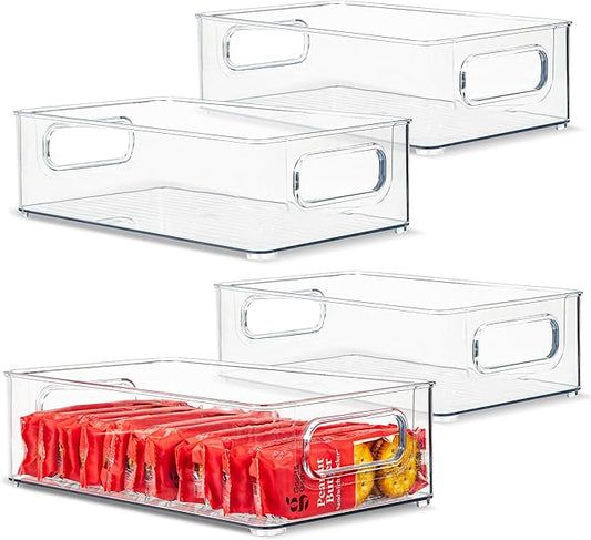 primebox 4 Pack Clear Plastic Organizing Container with Integraged Handles for Home Organization for Kitchen, Pantry, Fridge, Freezer, Cabinet,Bathroom, A&C Room, Stackable. 10"x6"x3"