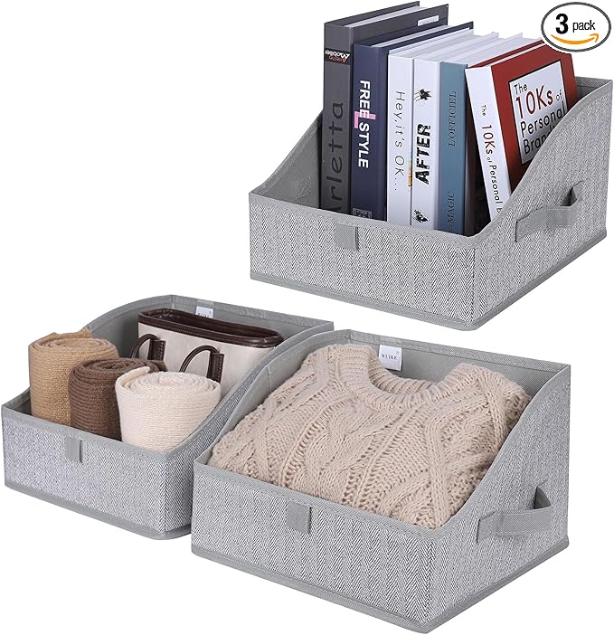 WUIKE 3 Pack Large Closet Storage Bins, Fabric Trapezoid Storage Baskets for Organizing Clothes, Sheets, Blankets, Decorative Storage Bins, Herringbone Gray, Large