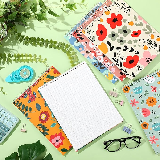 6 Pack 8.5 x 11'' Top Bound Office Steno Book Wide Ruled Double Sided Spiral Notebooks Reliable White Paper 70 Sheets/Pad Pastel Colors Covers for Writing School Notes (Floral Color)