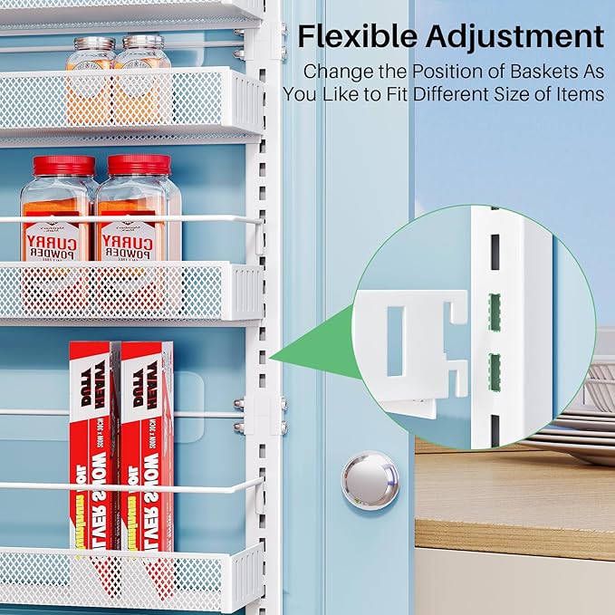 SNTD Over the Door Pantry Organizer - 8 Tier Adjustable Pantry Door Spice Organizer, Large Capacity Hanging Door Spice Rack for Kitchen Pantry Organizers and Storage (White, 17" W x 6" D x 69" H)