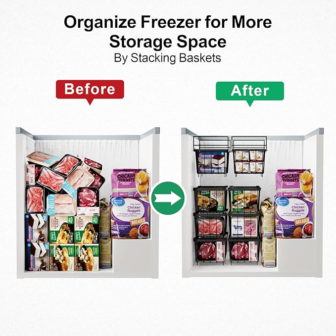 iSPECLE Chest Freezer Organizer Bins 8 Pack - Fit 7 Cu.Ft Deep Freezer, 2 Adjustable Hanging Baskets and 6 Pack Stackable Freezer Bins, Deep Freezer Organizer Bins Sort Frozen Food, Black