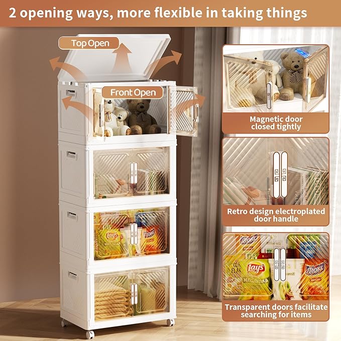 Storage Bins with Lid 48QT, Stackable Storage Containers with Wheels and Magnetic Doors, Plastic Clothes Closet Organizers and Storage Box for Home and Office (4 Pack)