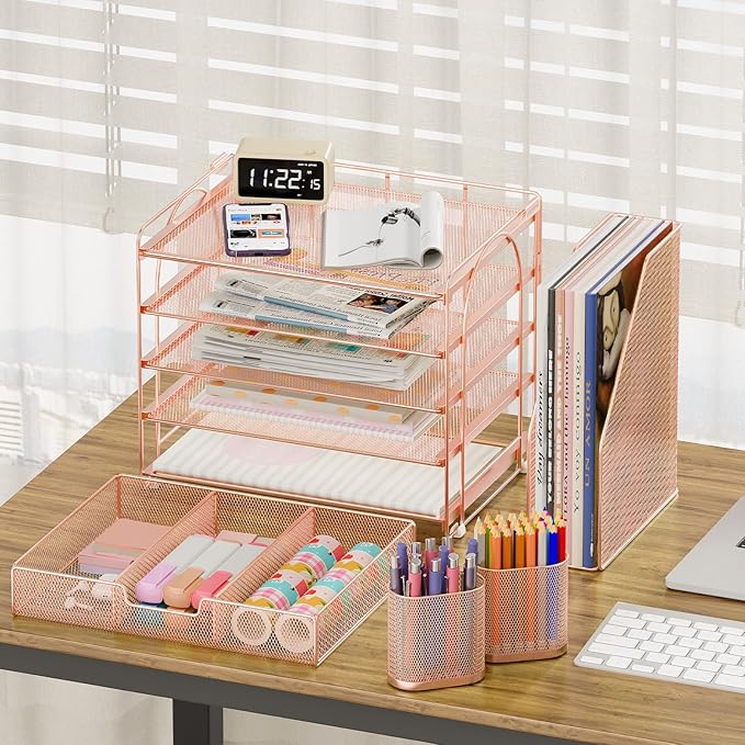 Desk Organizers and Accessories, 5-Tier Paper File Organizer with Drawer & Pen Holder, Office Desk Accessories Workspace Desktop Organizer for Office Supplies (Rose Gold)