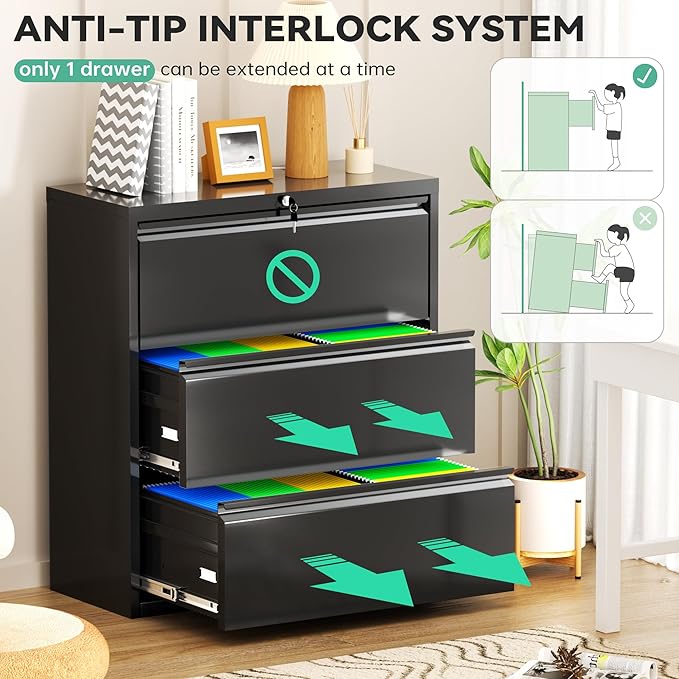 Bonusall 3 Drawer Lateral File Cabinet with Lock, Locking Metal lateral Filing Cabinet for Office Steel lateral File Cabinet, Large Horizontal File Cabinet Locked by Keys-Black